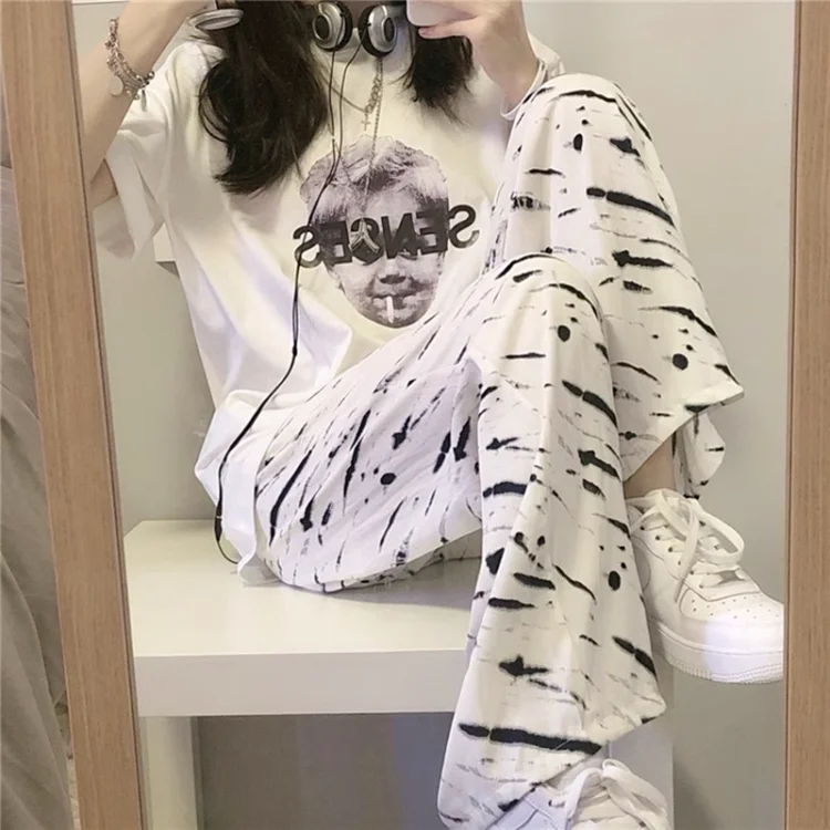 

Summer New Loose Pockets Thin Sweatpants Korean Sweet High Waist Pantalons Y2k Street White Tie Dye Straight Wide Leg Pants