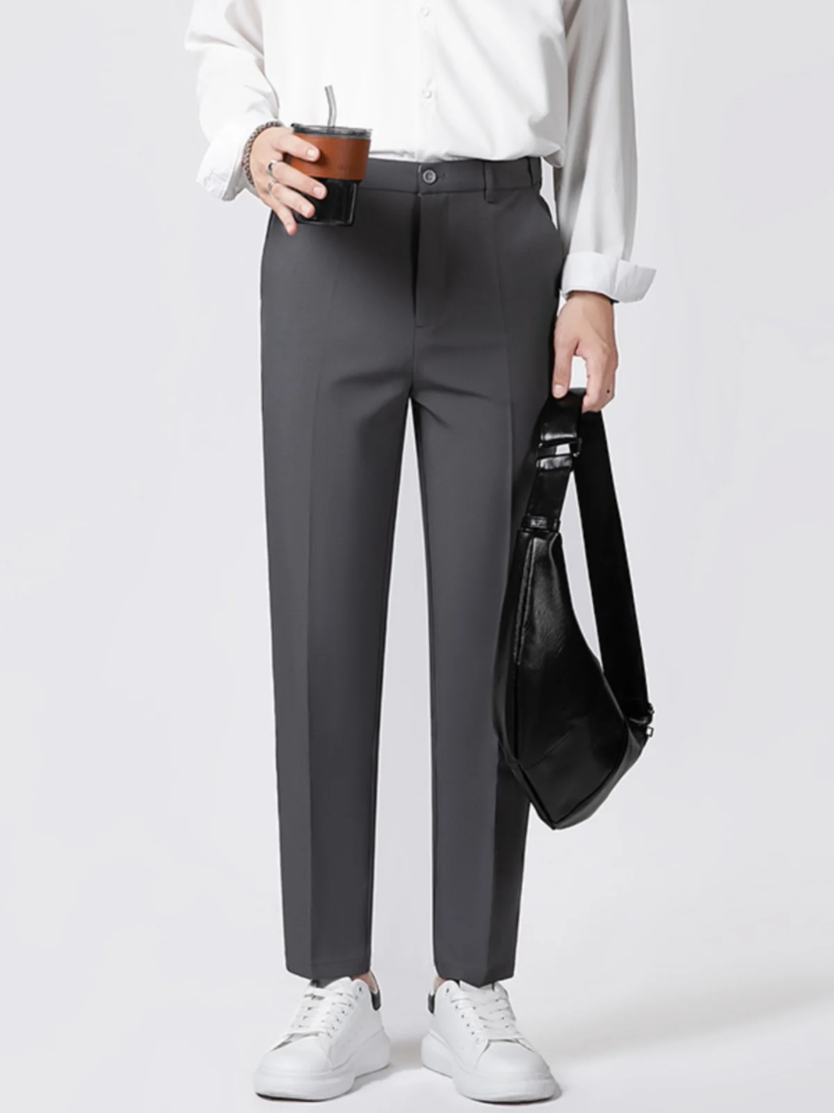 Young Sle Men's Suit Pants Spring and Autumn Drape Straight Ankle-Length Trendy Korean Series Pu Handsome Casual Smal...