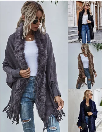2022 Autumn and Winter New Sweater Cardigan Women Made Fur Fur Collar Shawl Cardigan Sweater Coat