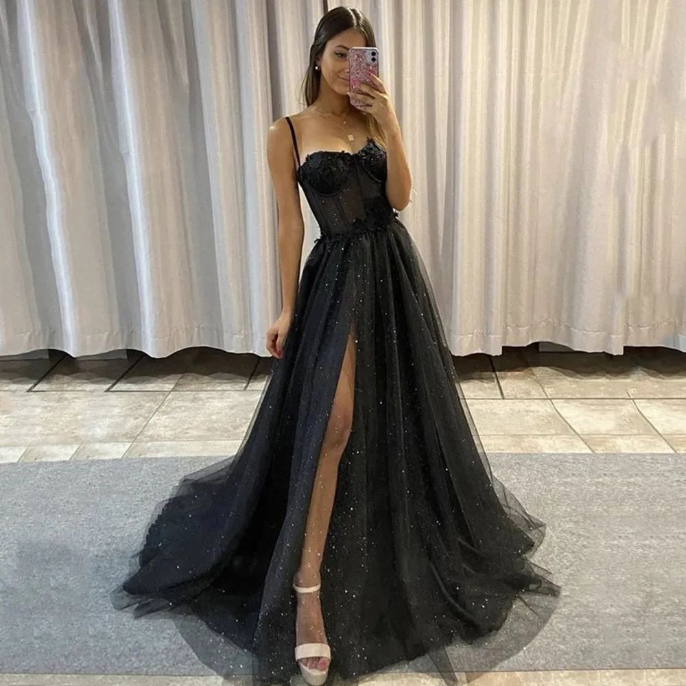 

2022 Black Glitter A Line classic Tulle Prom Dresses Straps Sweetheart Bones Side Slit 3D Flowers Long Evening Gowns