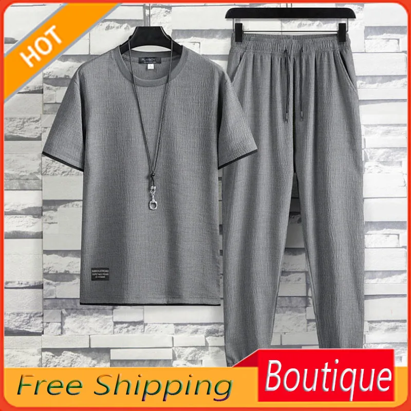 2023 Summer Ice Silk Short Sleeve T-shirt Men Leisure Set Men's Clothing Suit with Handsome Clothes Two-Piece Suit