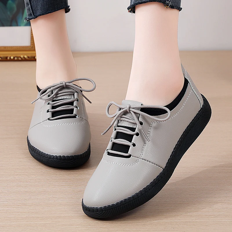 Spring Women Flats Loafers Shoes Genuine Leather Casual Shoes Female Flats Lace Up Loafers Casual Slip-on Walking Shoes Woman