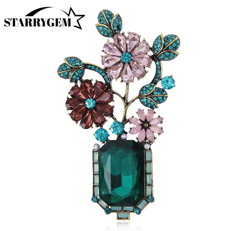 Стразы цветок ваза броши для женщин унисекс растения булавки разноцветный