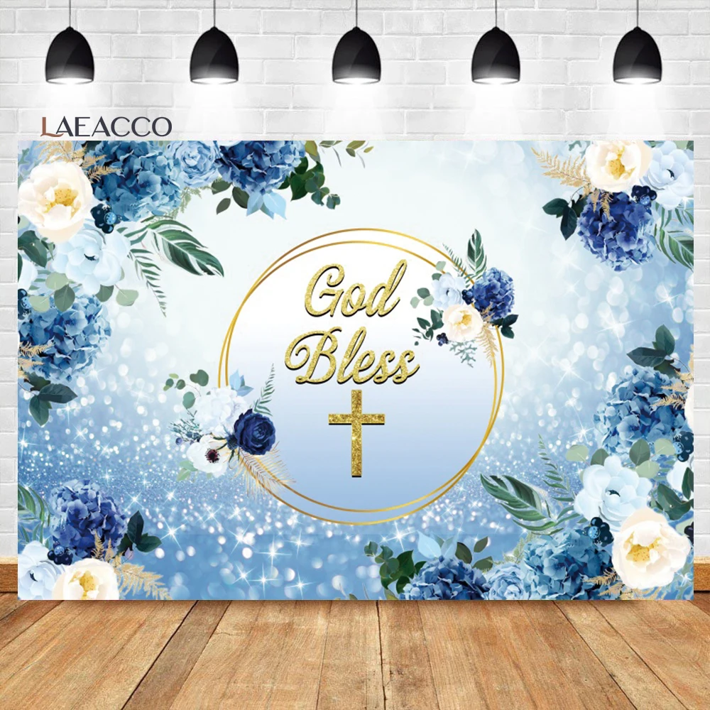 

Laeacco God Bless Watercolor Flower Light Bokeh Backdrop Golden Cross Kids Baptism Portrait Customized Photography Background