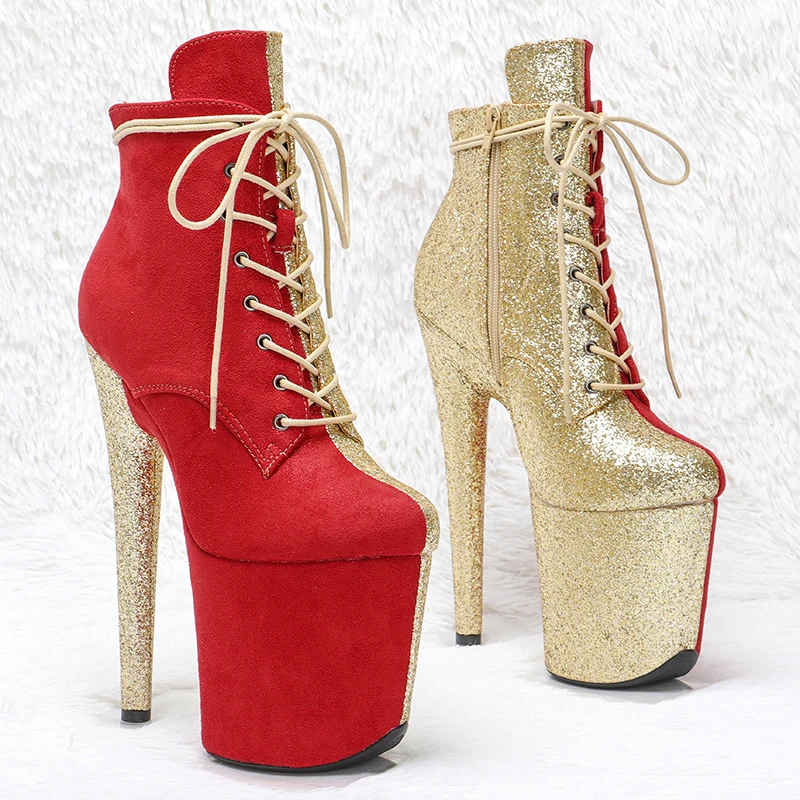 Leecabe  20CM/8inches Two color Mix Red with gold glitter color Pole dancing shoes High Heel closed toe Pole Dance boots