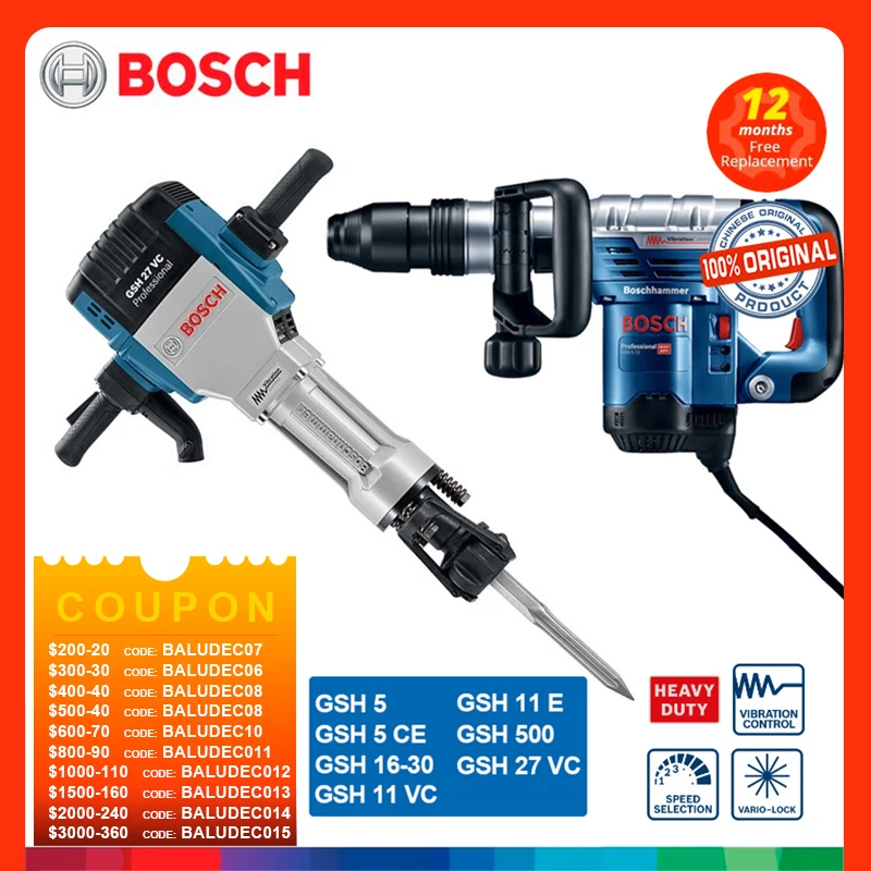 

BOSCH Demolition Hammer GSH 5 Corded Variable Speed SDS-Max Concrete Demolition Hammer Inline Heavy Duty with Carrying Case