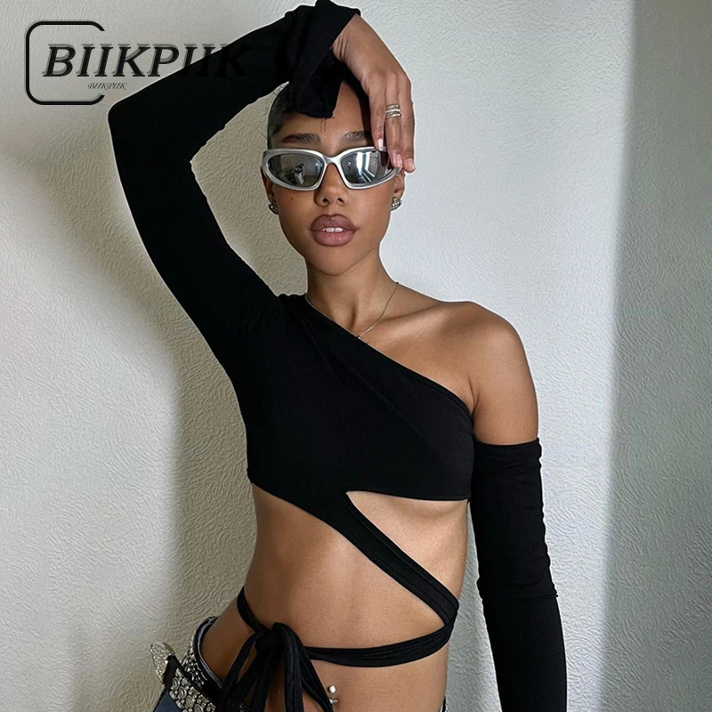 

BIIKPIIK Unique Irregular Fashion T-shirts Bandage Sexy Black Women Crop Top Skew Collar Casual Autumn Backless Skinny Clothing