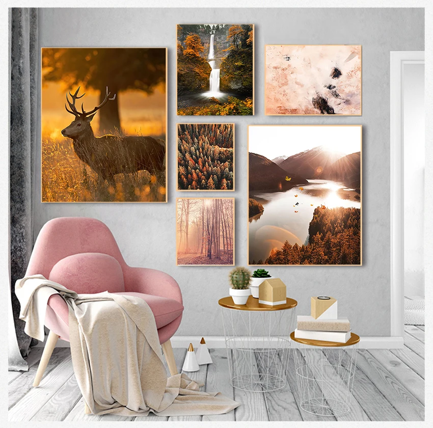 

Art Canvas Painting Nordic Posters And Prints Wall Pictures For Living Room Autumn Leaves Forest Deer Lake Waterfall Reed Wall