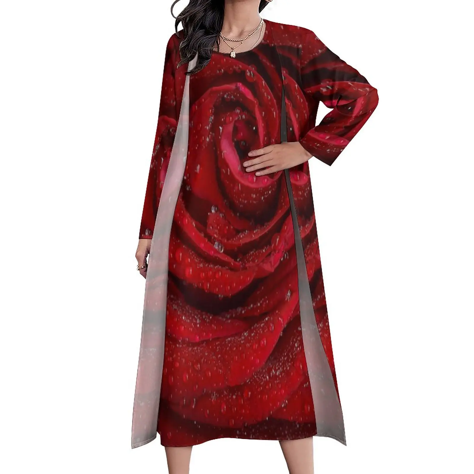 

Женское длинное платье с цветочным принтом, повседневное элегантное платье-макси с принтом красных роз, большой размер 5XL, для осени