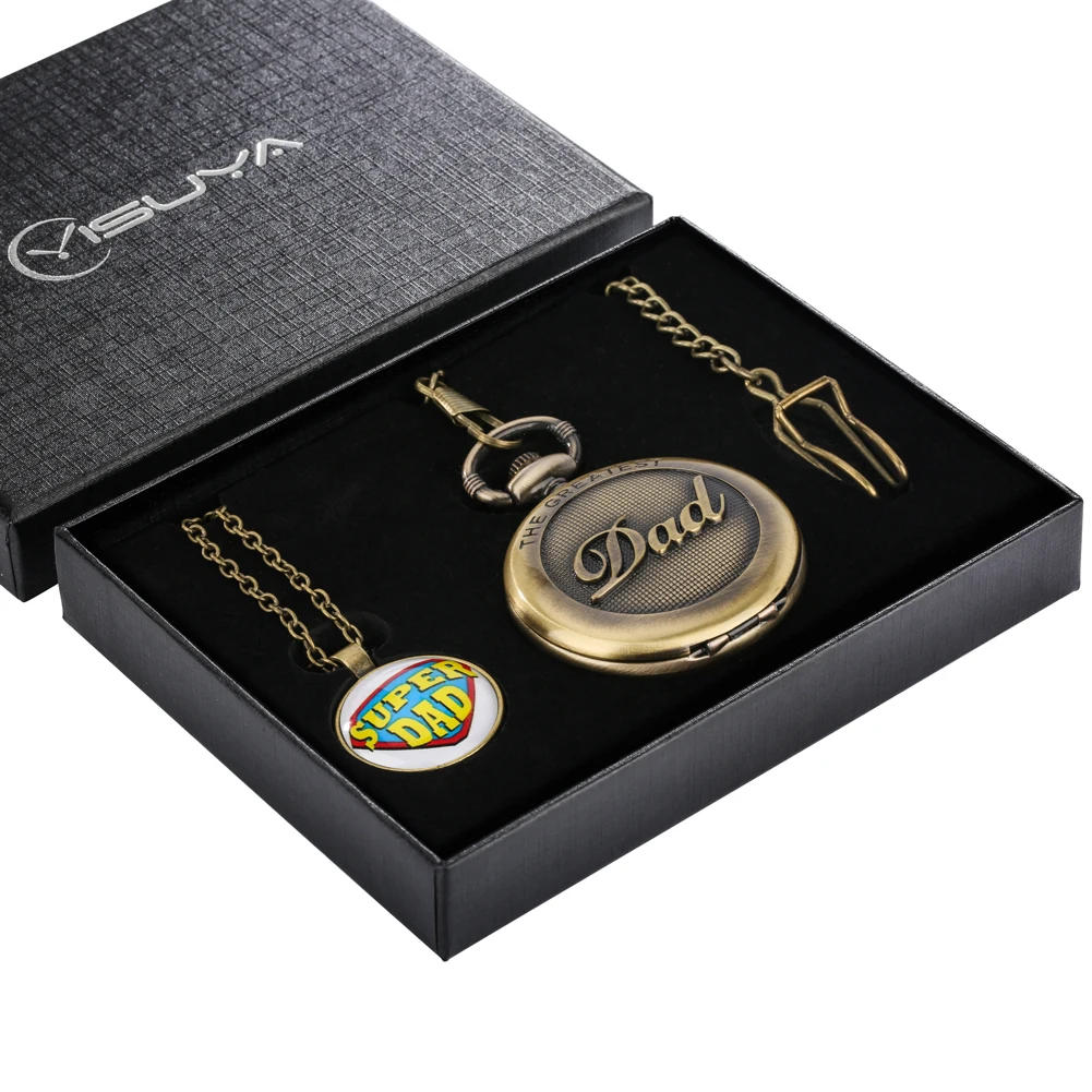 Practical Father's Day Gifts Exquisite Bronze Quartz Pocket Watch Set Gift Box Pendant Super Dad Necklace Waist Chain Clock Gift