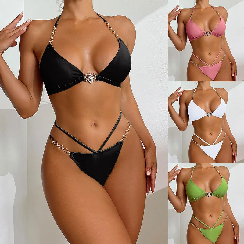 

2022 New Crystal Chain Split Swimsuit Lace up Low Waist Triangle Bikini Women