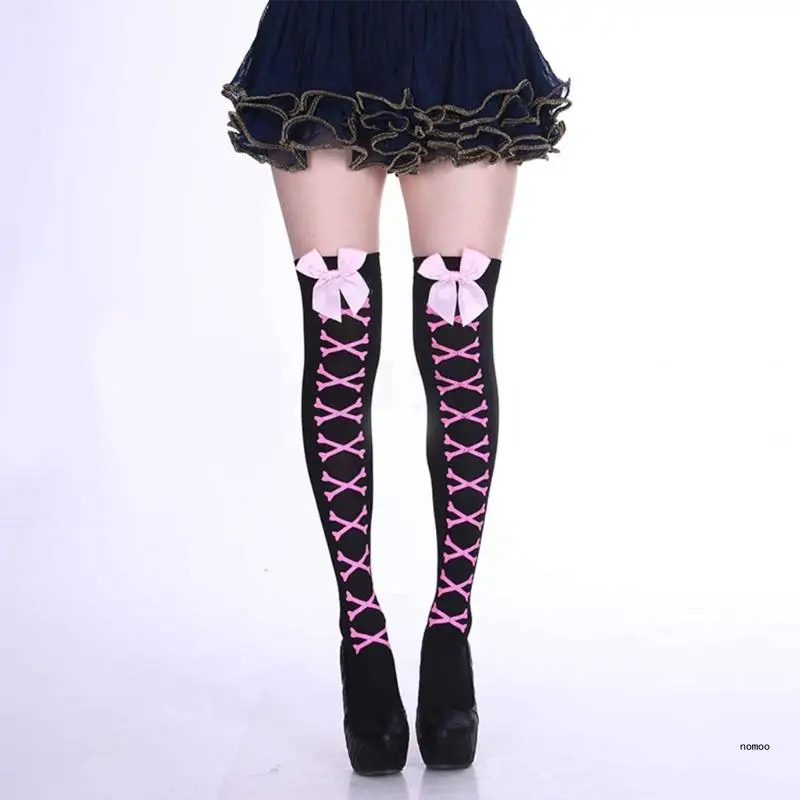Элегантные женские гольфы выше колена с бантами украшенные ажурными полосатыми