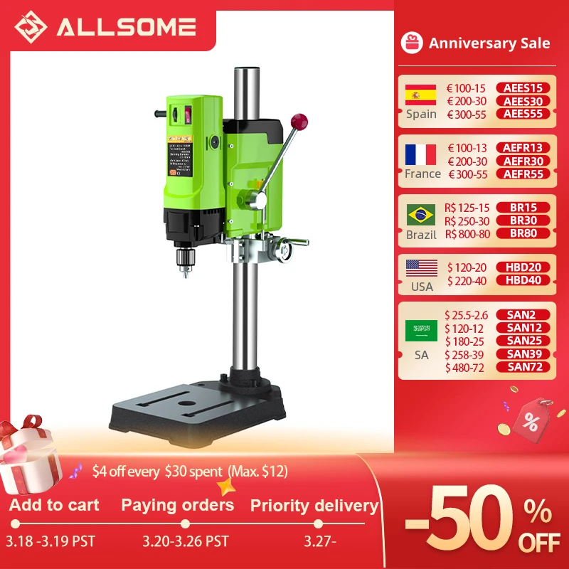 ALLSOME Mini Bench Drill Bench Drilling Machine Variable Speed Drilling Chuck 1-16mm For DIY Wood Metal Electric Tools