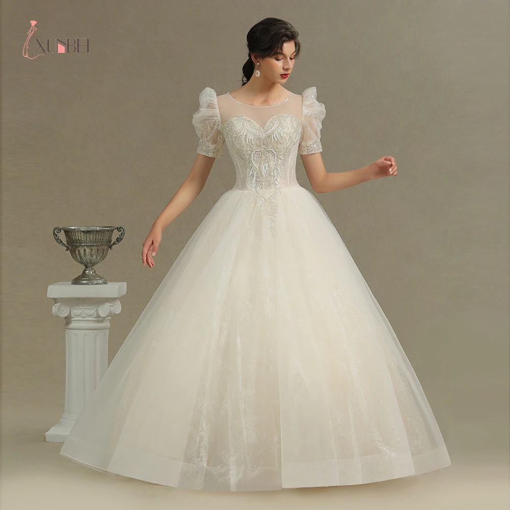 

Robe De Mariee 2021100% Real Ball Gown Wedding Dresses Short Sleeves O Neck Line Beading Crystal Lace Mariage Bride Dresses