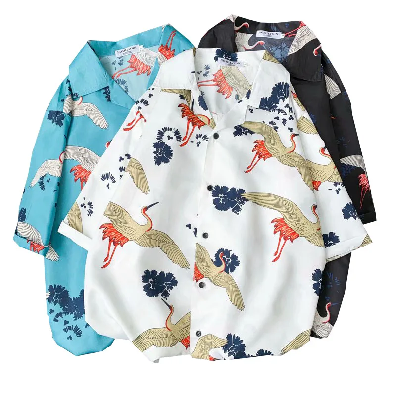 

Fashion Asian Men Summer Sleeve Short Beach Casual Fast Drying Shirt Crane Shirts Plus Hawaiian For Mens Size M-3XL Size Print
