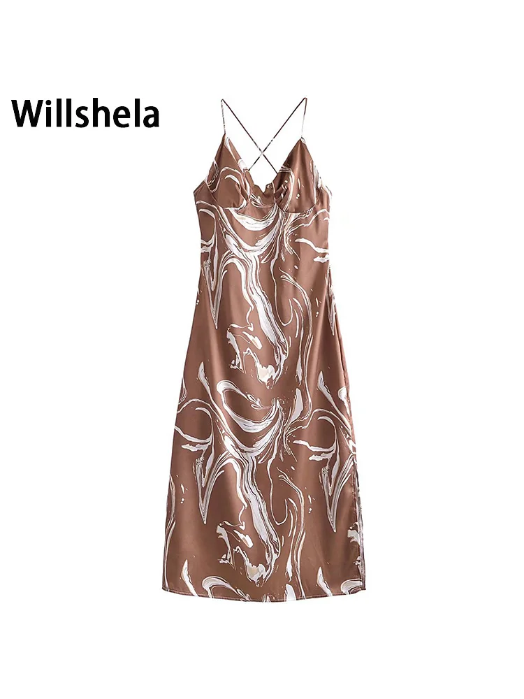 

Willshela женское модное платье миди с открытой спиной на молнии с разрезом сбоку винтажное тонкое платье с перекрестными ремешками и v-образным...