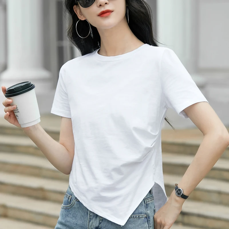 

2023 Summer Short Sleeve Casual T-shirt Women Irregular Design Sense Solid Fashion Shirt Chic Cotton Top Clothes Elegant 26906