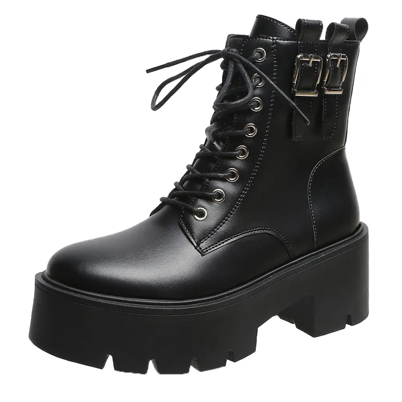2022 Autumn New Ankle Boots Women Casual Platform Shoes Women PU Leather High Top Thick-heel Motorcycle Boots Female