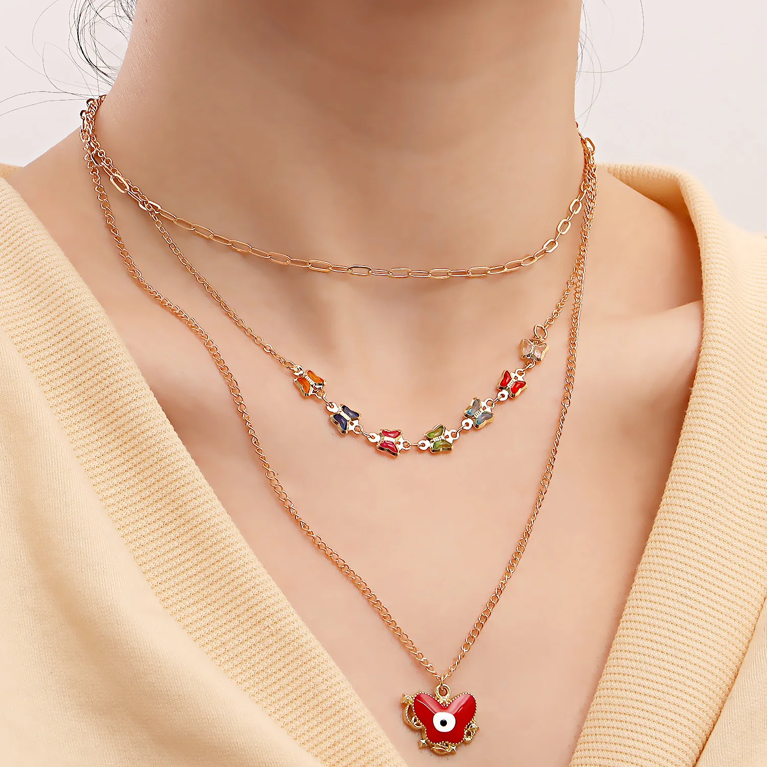 

3pcs/set Fashion Multi Layer Evil Eye Necklace for Women Heart Shape Pendant Chain Choker Necklace Personality Y2K Jewelry