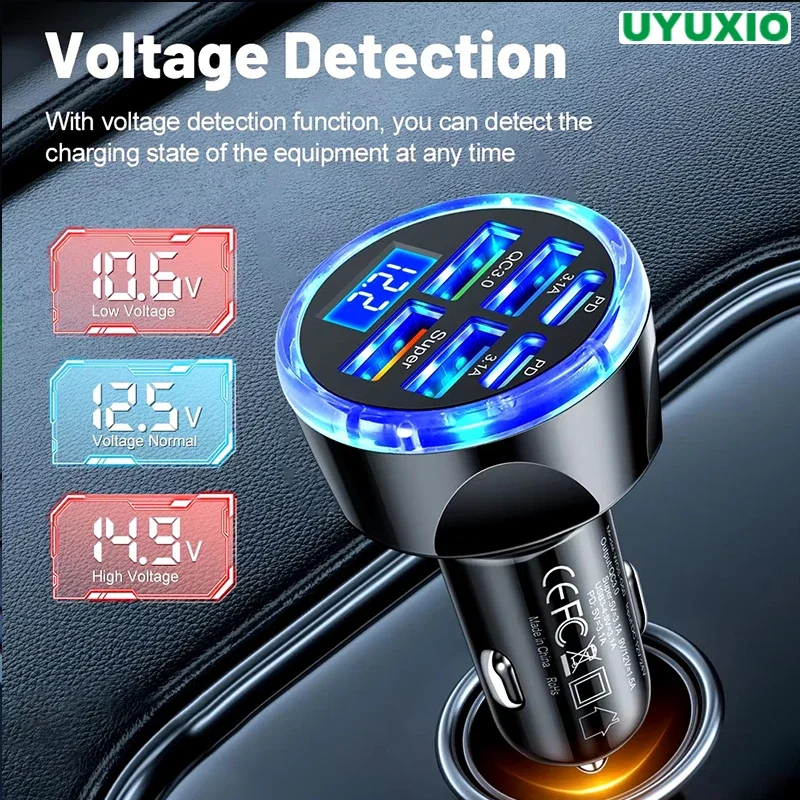 UYUXIO Многопортовый USB C Автомобильное зарядное устройство для телефона с дисплеем