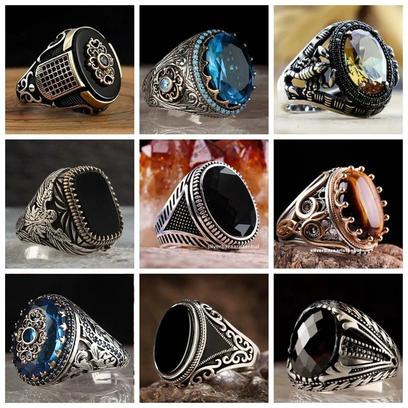 

Retro Handmade Turkish Ring For Men Vintage Double Swords Black Zircon Rings Punk 2021 Trendy Islamic Religious Muslim Jewelry