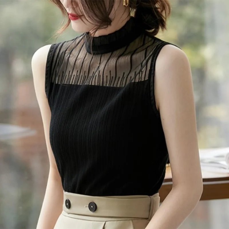 

Summer Stand Collar Casual Knit Tank Top Women Solid Slim Mesh Lace Sleeveless Vest Tops Office Lady Fashion Women Clothes 26080