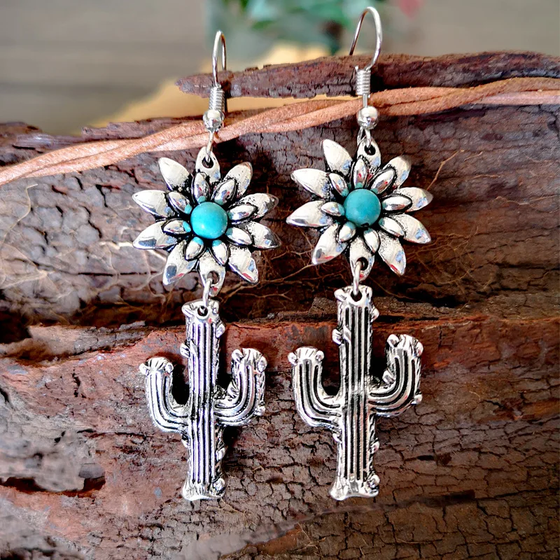 

Fashion Antique Silver Color Cactus Earrings Creative Sun Flower Green Stone Earrings