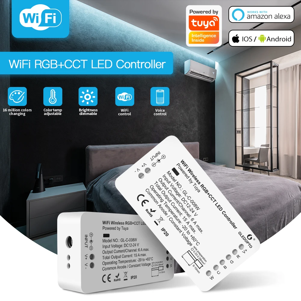Tuya Smart Home 2.4GHz WiFi Wireless LED Strip Light Controller DC12-24V For RGB Warm Cold White Dimmable Lamp(No Hub Require)