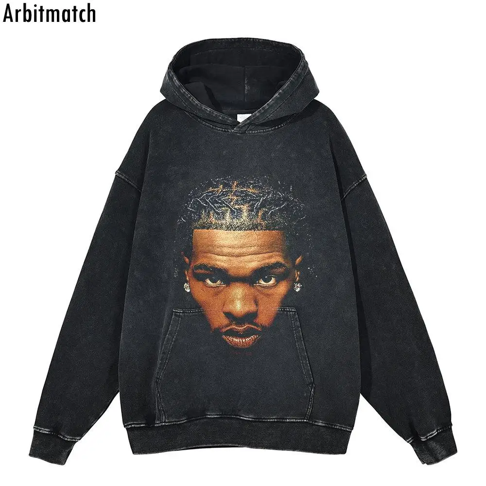 

Arbitma Men Vintage Cotton Hoodie Pullover Oversize Rapper Portrait Graphic Sweatshirt Hip Hop Streetwear Loose Washed Hoodies