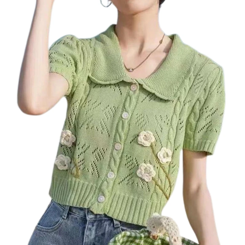 

Women Summer Short Sleeve Crop Cardigan Top Hollow Out Knitted Floral Embroidery Lapel Button Down Sweater Coat Jacket