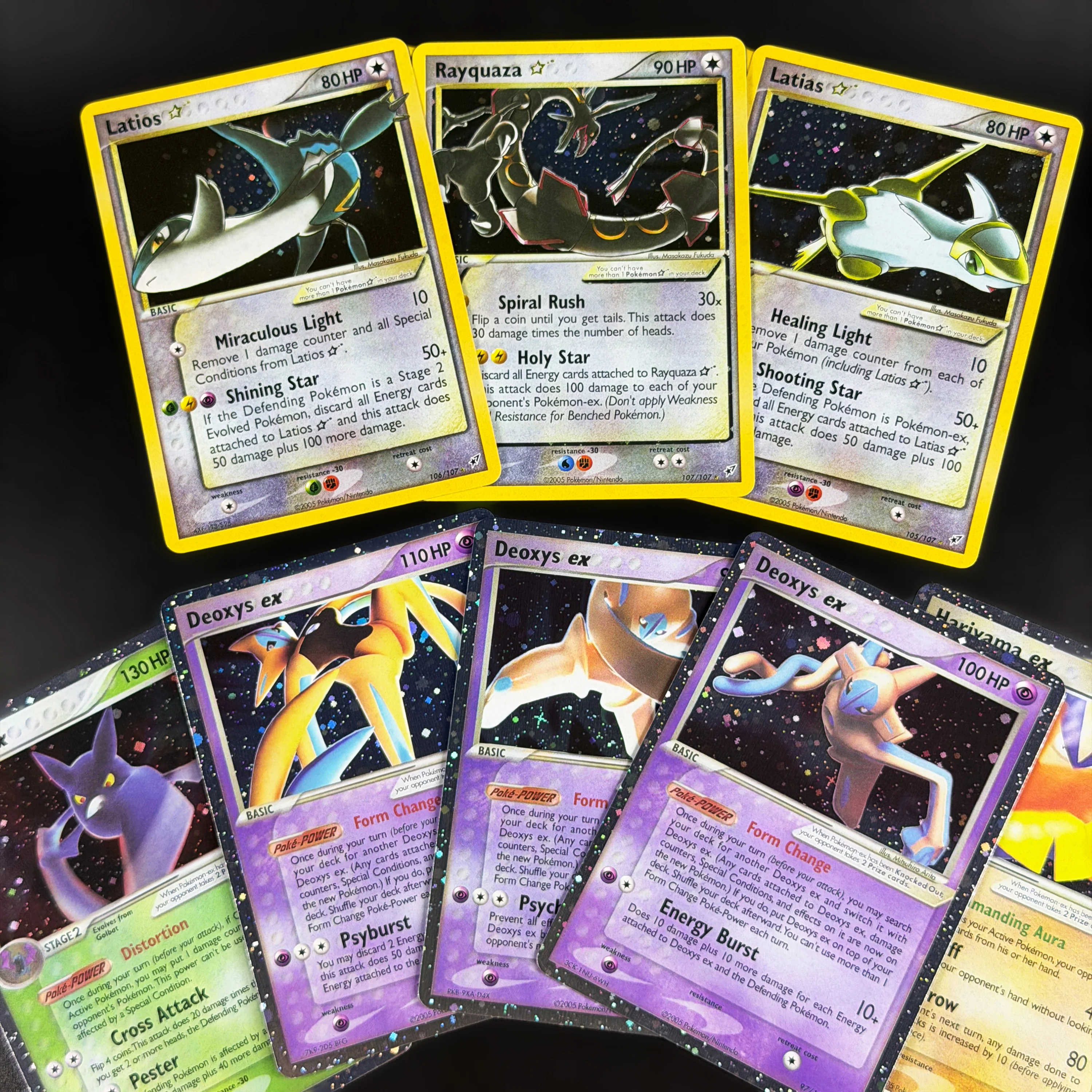 Фото Коллекционные карты PTCG EX: Легендарный набор троиц Deoxys Gold Star, голографические карты Cosmos, винтажные редкие карты Chase, карты Rayquaza, Latias, Rayquaza Proxy, ретро-коллекция №5