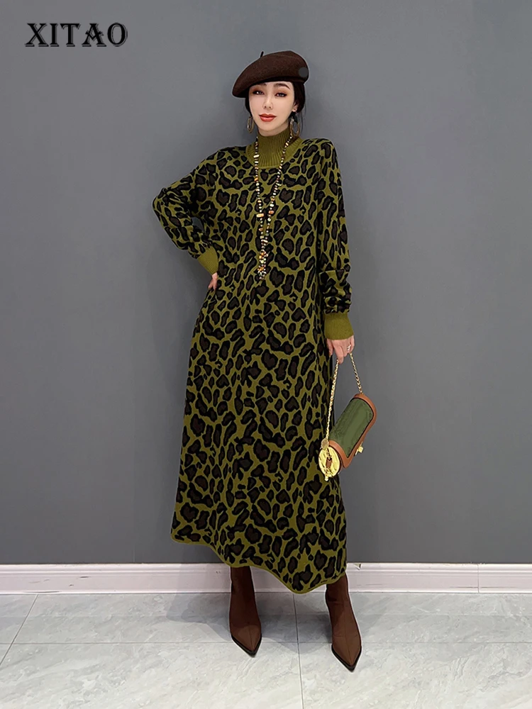 

XITAO Turtleneck Leopard Knitting Dress Loose Fashion Contrast Color Casual Women Winter New Temperament Sweater Dress FBB1472