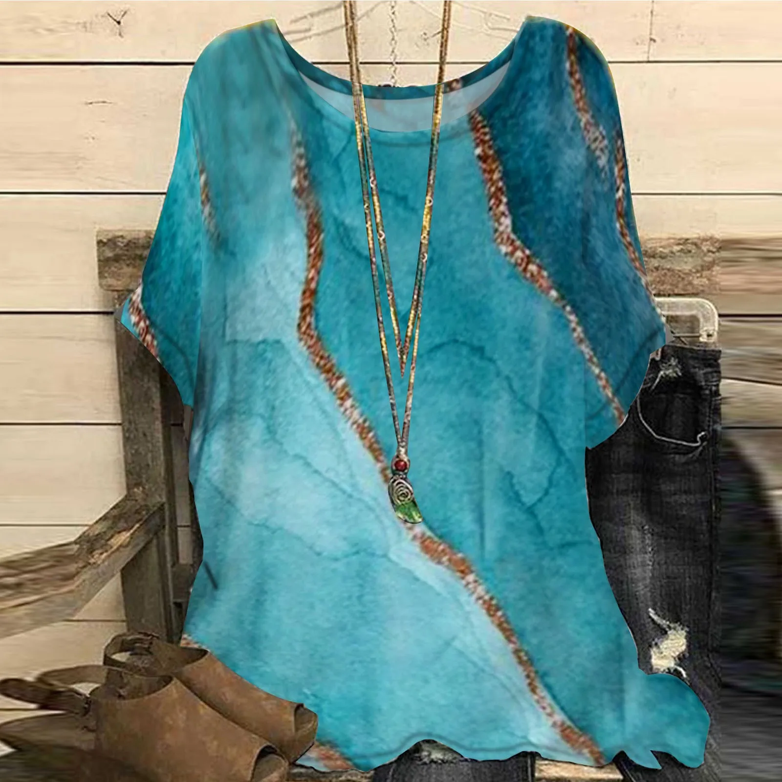 

Женская Винтажная футболка с коротким рукавом, круглым вырезом и цветочным принтом