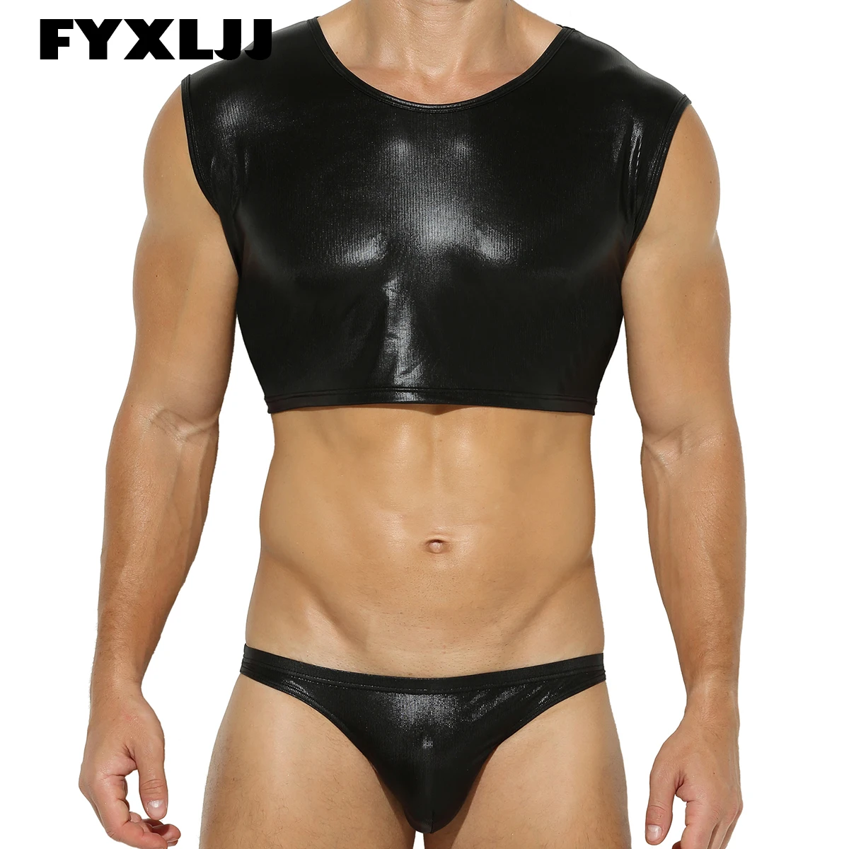 FYXLJJ Sexy Faux Leather Underwear Men Crop Tops Briefs Set Male PU Leather Tank Top Nightwear Erotic Lingerie Vest Shorts Panty
