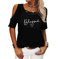 jesus blessed summer 2022 knit t shirt short sleeve top off shoulder hollow sexy design tees for women street party clubwear