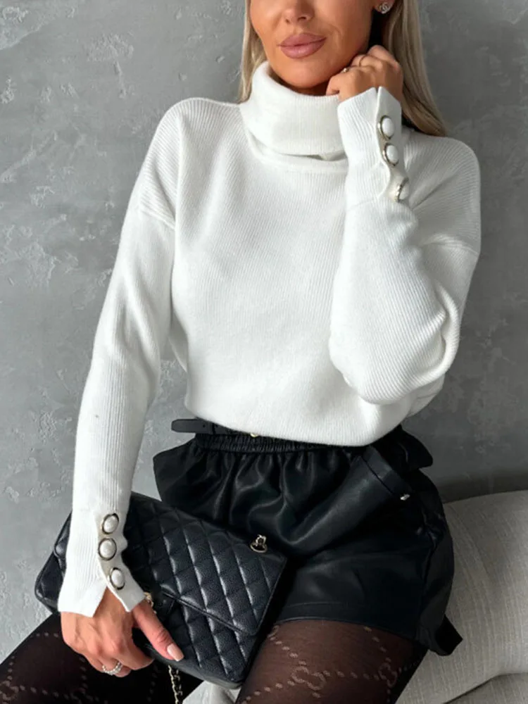 

Women's Sweater Tops Winter Fashion New Striped Woolen Turtleneck Cuff Button Black White Casual Loose Sweater Women Streetwear