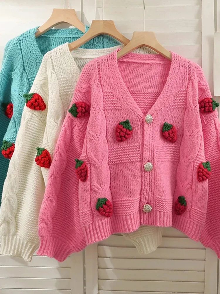 

Twisted Women Knitted Cardigan Fashion 3D Strawberry Loose Sweet Sweater Fall Cute V Neck Thick Ladies Sweater Coats New