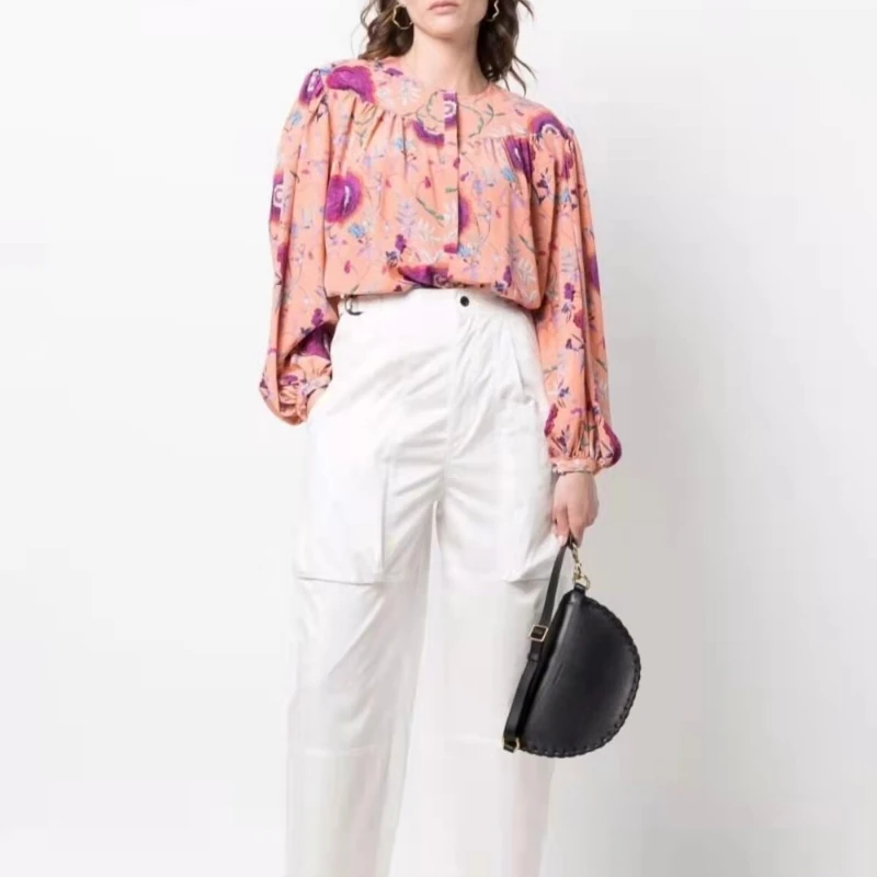 

2023 Round Neck Floral Print Silk Stretch Women Shirt Blouse