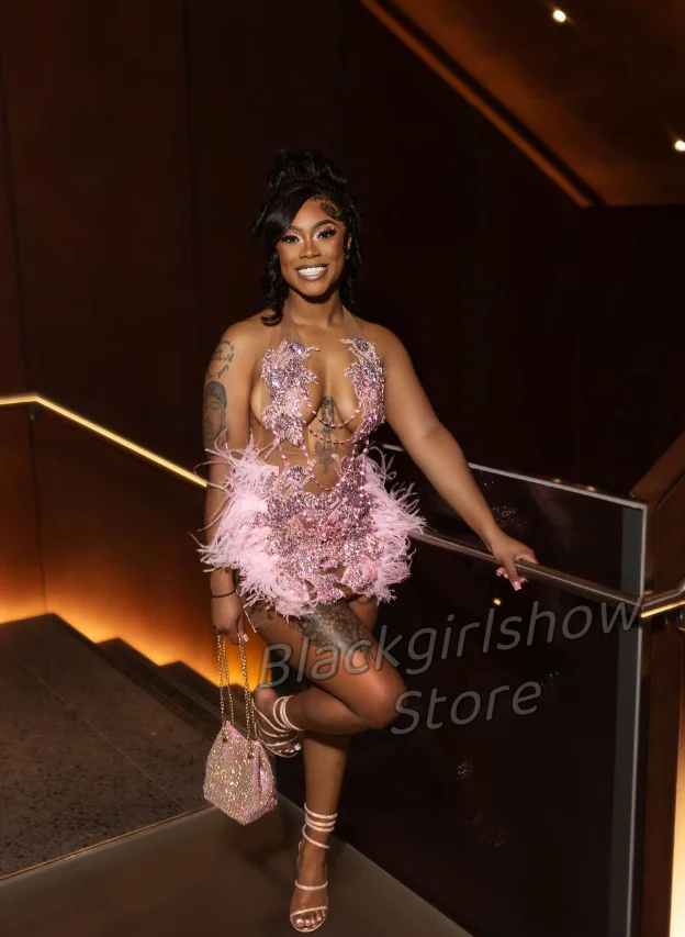 Роскошное розовое коктейльное мини-платье со стразами 2024 для женщин сексуальные