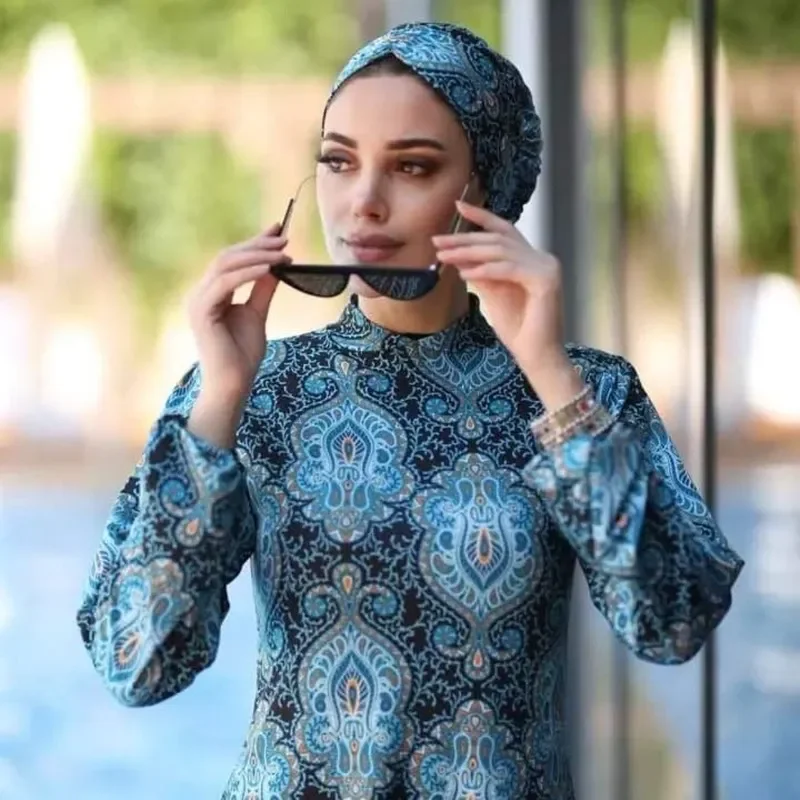 

3 piece Muslim Swimwear Women Printed Stretch Full Cover Lslamic Clothes Hijab Long Sleeves Sport Swimsuit Burkinis Bathing Suit