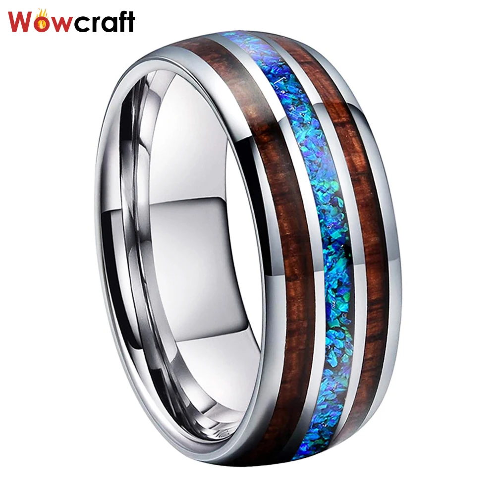 

Mens 8mm Tungsten Carbide Ring with Blue Opal Koa Wood Inlay Wedding Band Womens Engagement Promise Ring Comfort Fit