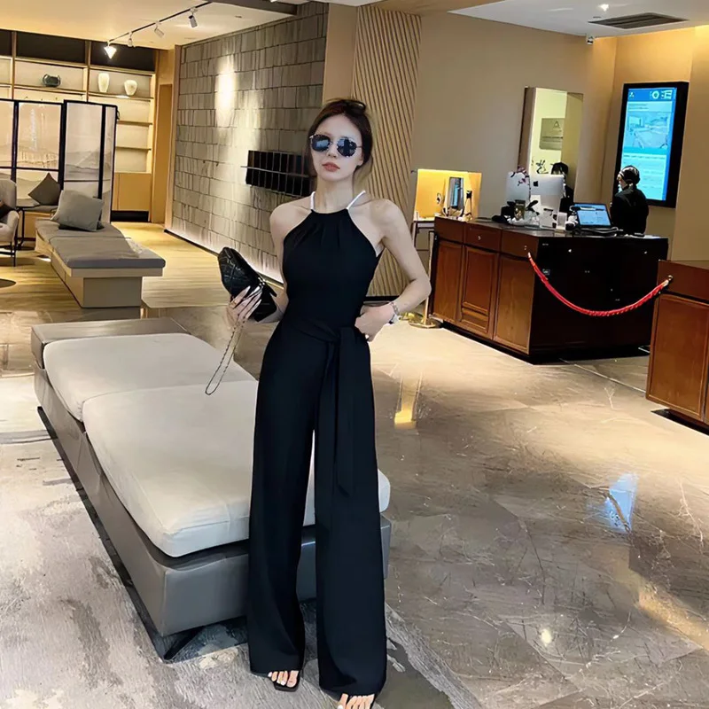 Летний элегантный комбинезон с лямкой на шее женский наряд однотонные