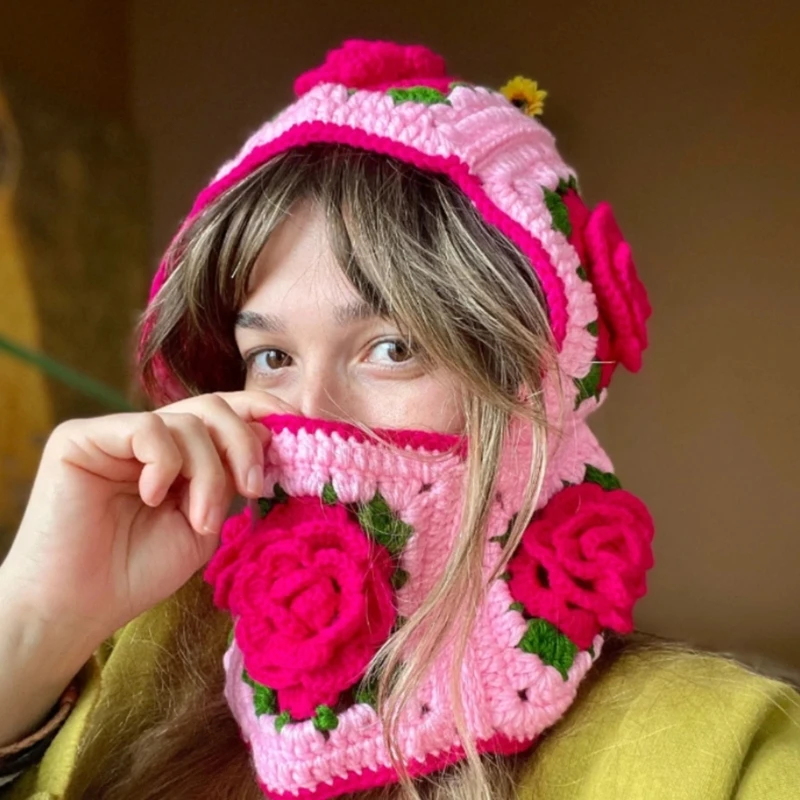 

Crochet Flower Balaclava Floral Beanie Cap Hooded Hat Scarf Hooded Beanie Hat Women Hooded Beanie Knit Earflap For Girl