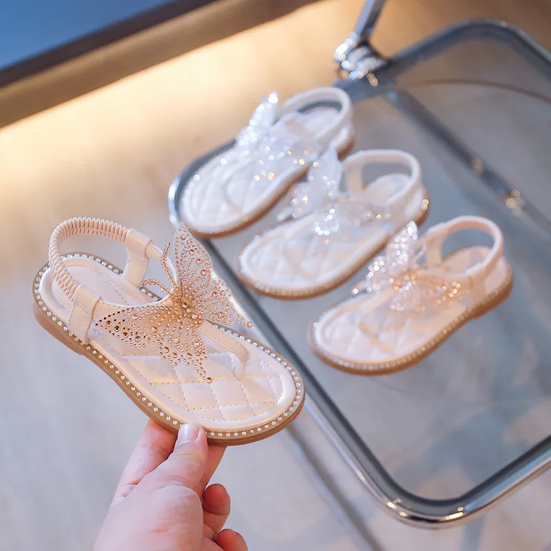 2023 New Summer Princess Girl Sandals with Rhinestone Butterfly Fashion Clip Toe Sandals for Girls Size 26-37 Shoes for Children