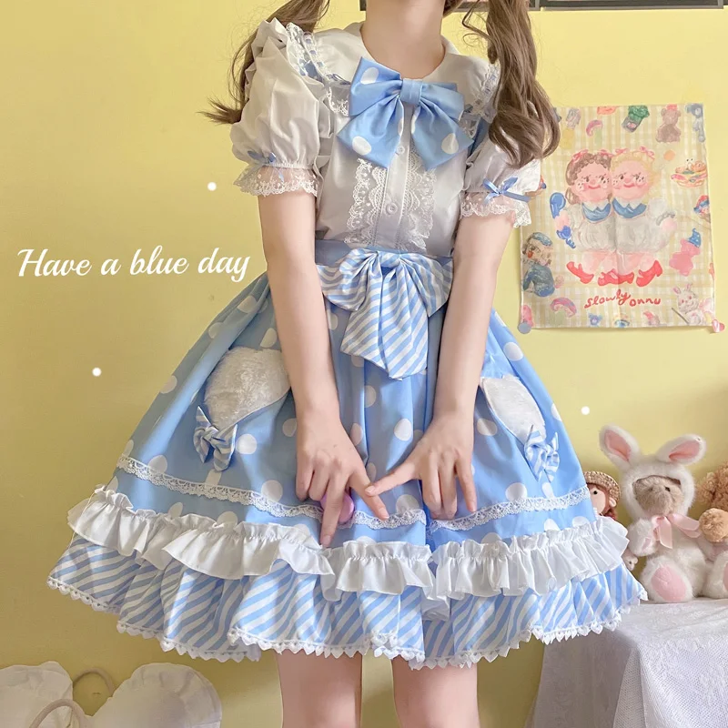 

Summer New Jk Lolita Skirt Japanese Cute Bow Dots Ruffle Spaghetti Strap Skirt for Women Fashion Clothing Harajuku Sweet Kawaii