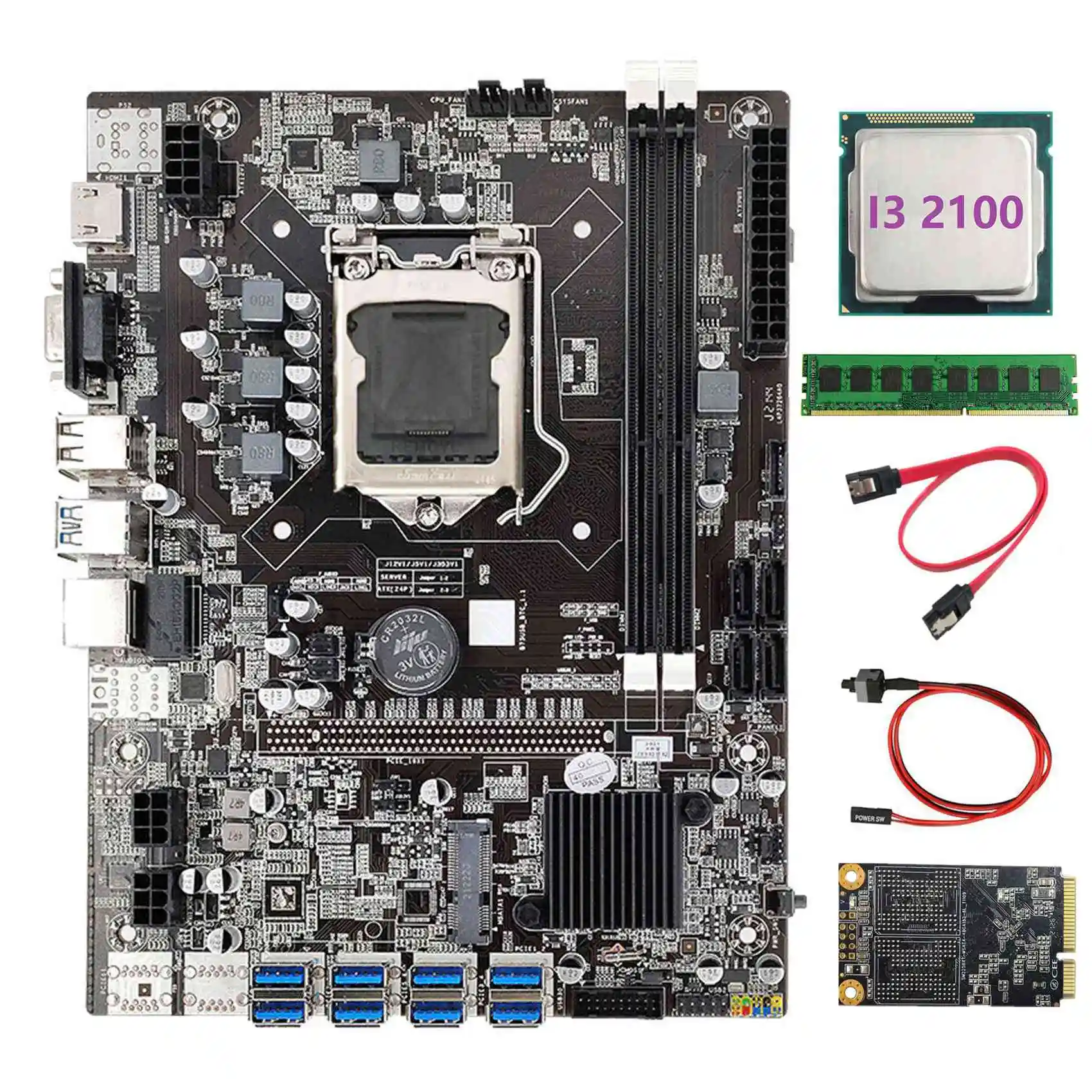 

B75 BTC Mining Motherboard+I3 2100 CPU+DDR3 4GB 1600Mhz RAM+128G MSATA SSD+SATA Cable+Switch Cable LGA1155 8XPCIE to USB