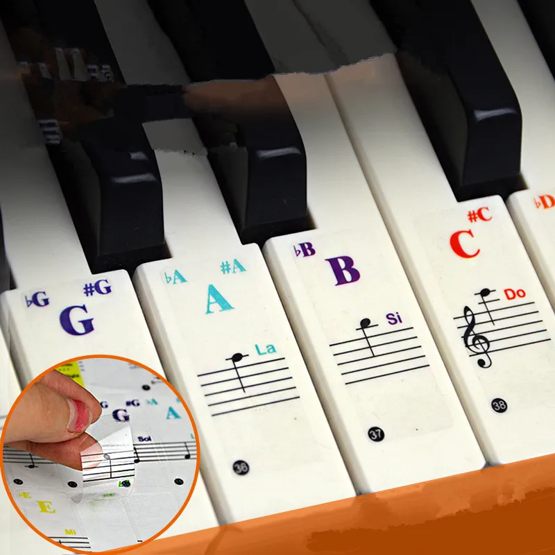 49/54/61/88 adesivi per tastiera per pianoforte trasparenti a colori tastiera elettronica chiave per pianoforte Stave Note adesivo simbolo per tasti bianchi
