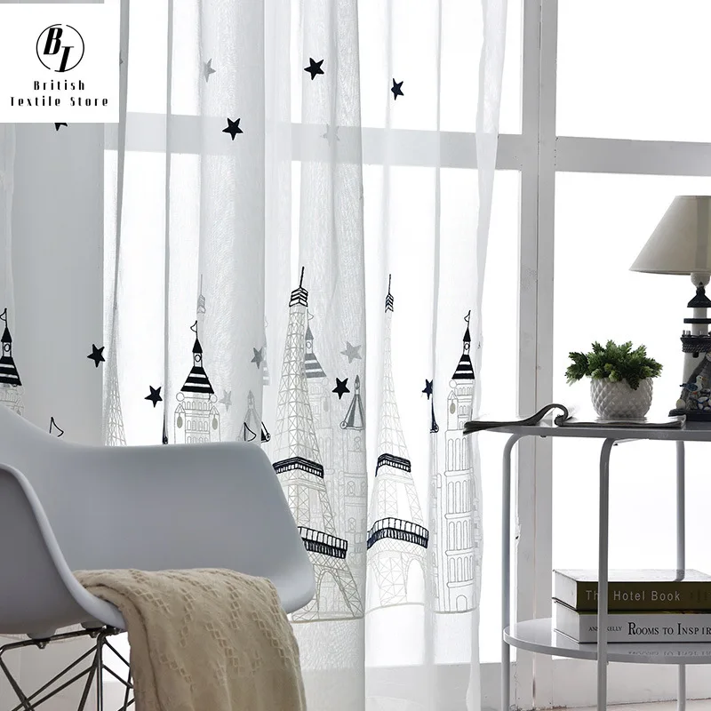 

Занавески для гостиной, столовой, спальни, с вышивкой в виде замка, на окна, полупрозрачные детские, для мальчиков и девочек, тюлевые, милые-xj