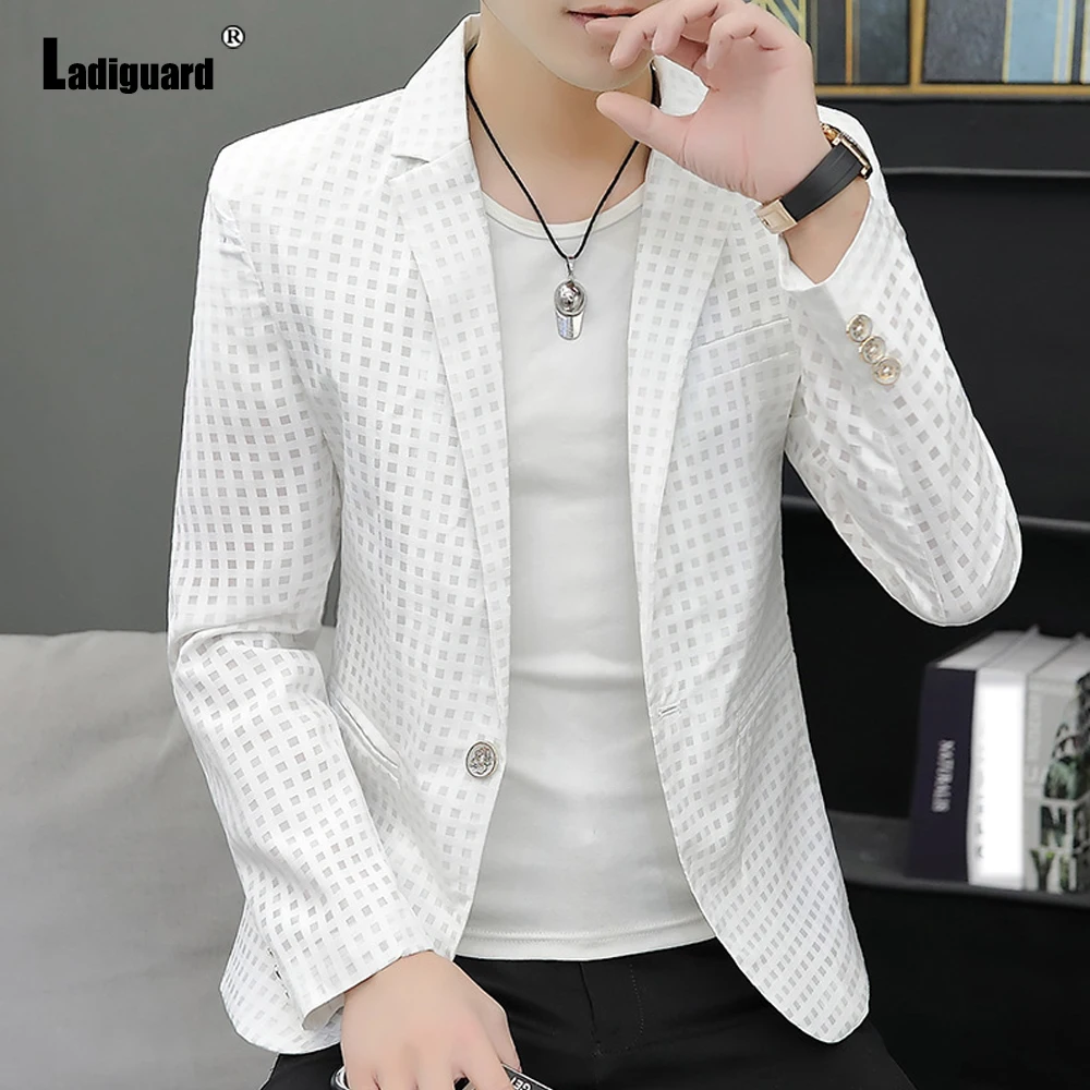 

Ladiguard Men Trendy 2022 Lepal Collar Buttons Up Blazers Kpop Young Mens Fashion Striped Top Outerwear Plus Size Male Blazer