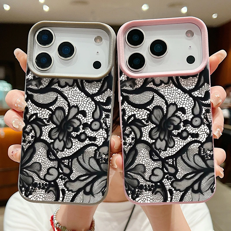 Фото Черный силиконовый чехол с кружевным принтом для iPhone 17e 18 17 Pro Max 16 15 14 13 Pro Max 16e, ударопрочный, с текстурой мягкой кожи. №2